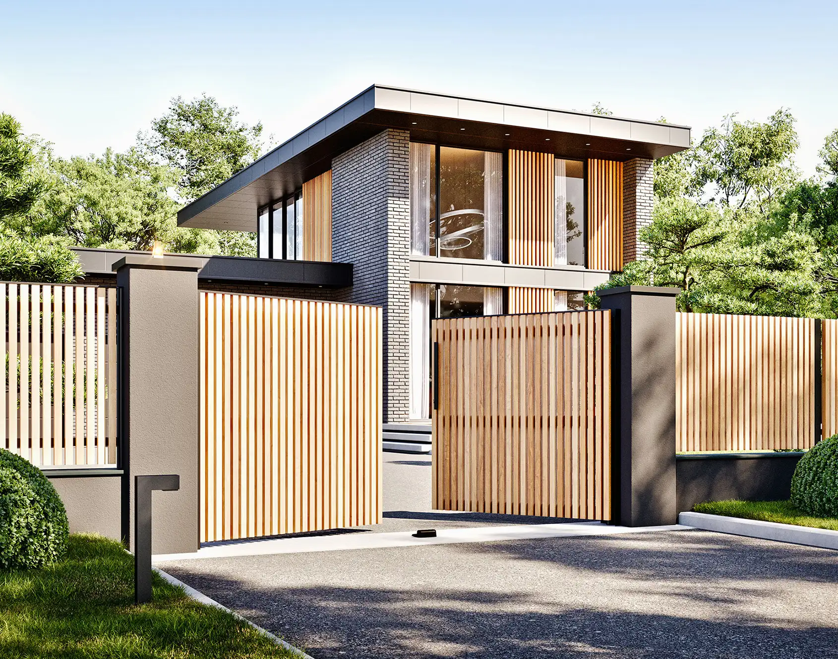 Swing gate with Anian red cedar wood strip by kostum